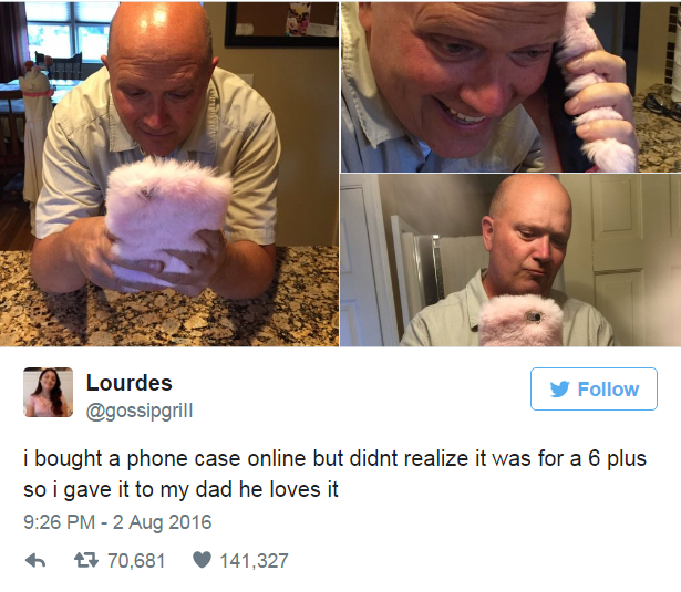 dad with fuzzy phone case - Lourdes i bought a phone case online but didnt realize it was for a 6 plus so i gave it to my dad he loves it 43 70,681 141,327