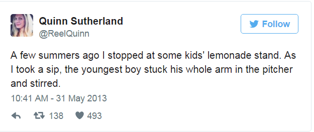 kid sticks whole arm in a lemonade pitcher to mix it