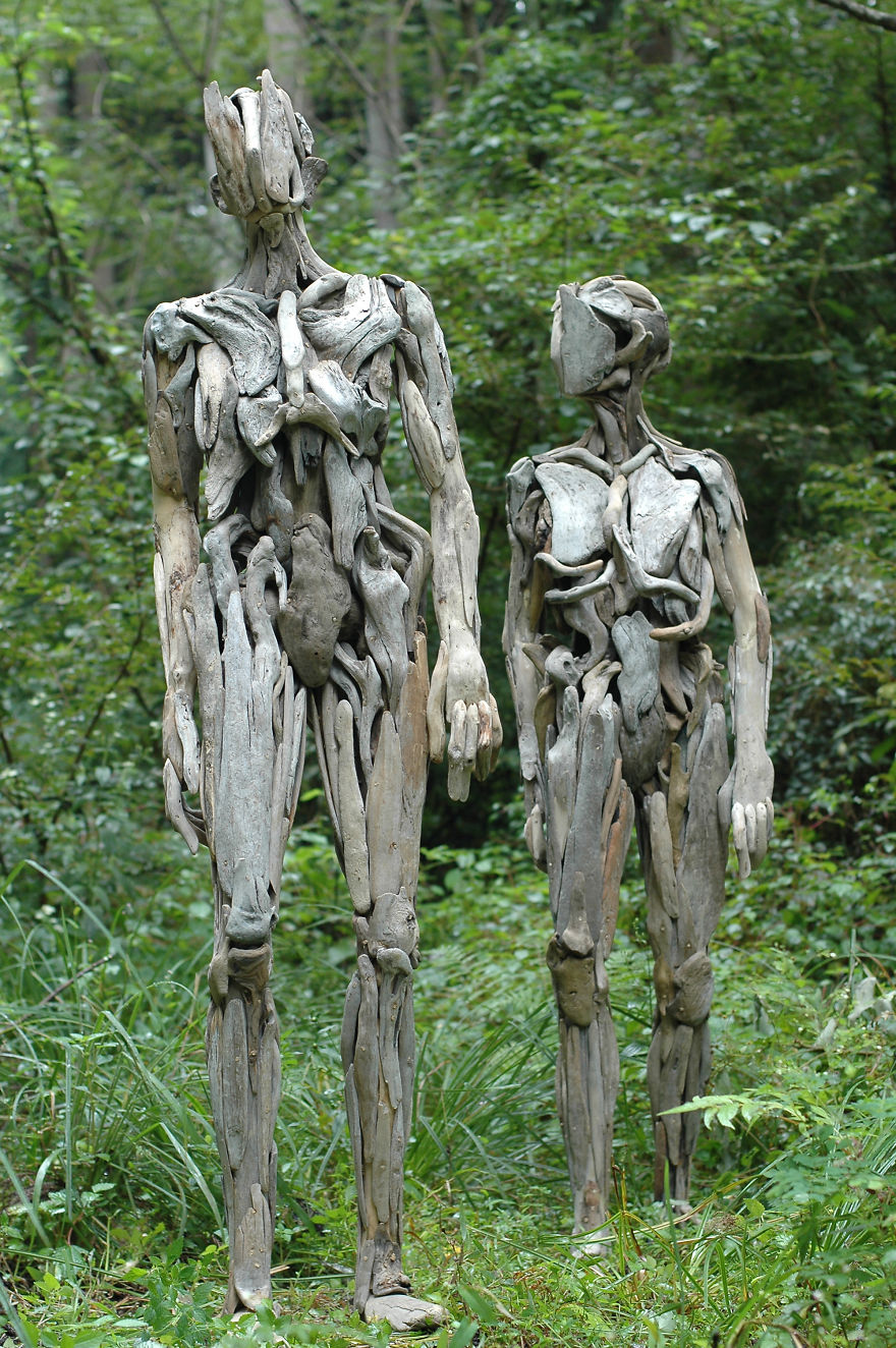 Created with multiple pieces of driftwood and nothing more, they appear part human and part tree.