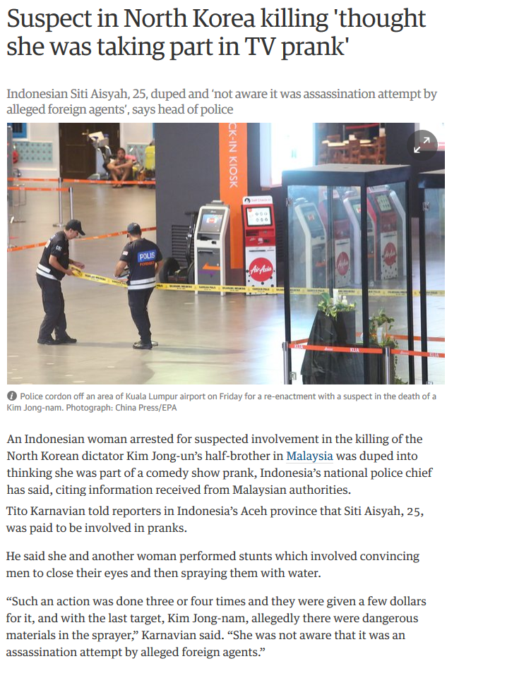 klia2 kim jong nam - Suspect in North Korea killing 'thought she was taking part in Tv prank Indonesian Siti Aisyah, 25. duped and not aware it was assassination attempt by alleged foreign agents, says head of police Kuala Lumpur a Epa nd a c Porcode H t 
