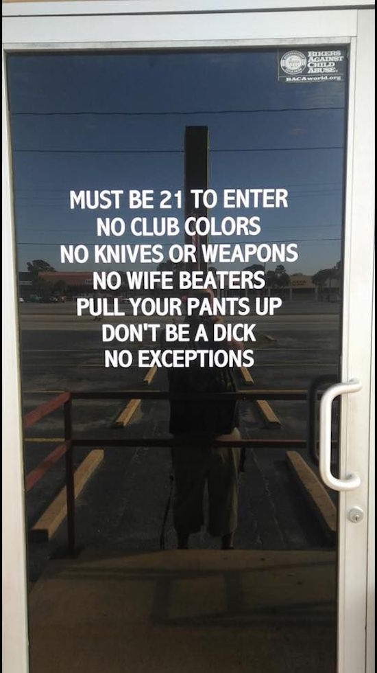 window - B Rod Against Chbd Baca Must Be 21 To Enter No Club Colors No Knives Or Weapons No Wife Beaters Pull Your Pants Up Don'T Be A Dick No Exceptions