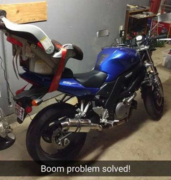 baby seat on motorcycle funny - Boom problem solved!