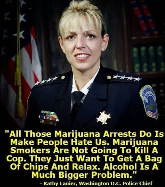 4 star police officer - "All Those Marijuana Arrests Do Is Make People Hate Us. Marijuana Smokers Are Not Going To Kill A Cop. They Just Want To Get A Bag Of Chips And Relax. Alcohol Is A Much Bigger Problem." Kathy Lanier, Washington D.C. Police Chief