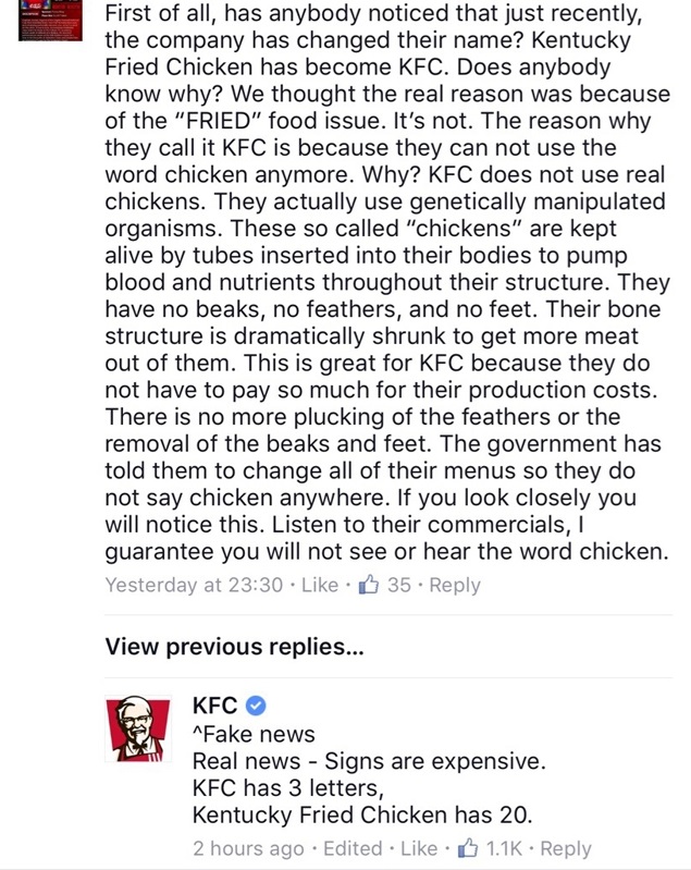 document - First of all, has anybody noticed that just recently, the company has changed their name? Kentucky Fried Chicken has become Kfc. Does anybody know why? We thought the real reason was because of the "Fried" food issue. It's not. The reason why t