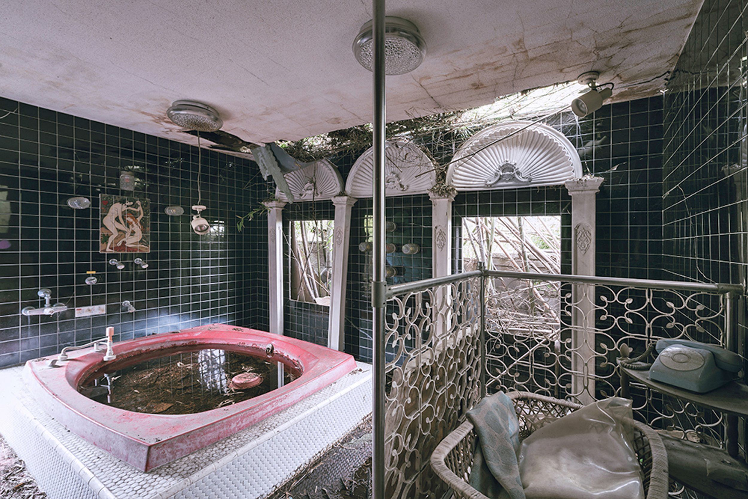 All the suites include a dining room and a bathroom. Pictured, mould grows in a fading pink hot tub filled with muddy brown water. The room has started to be invaded by nature as tree branches push through the ceiling and the two windows.