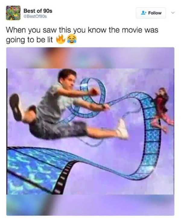 Best of the 90's meme about kid doing jump split on a rail-road made of movie film