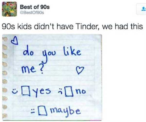 Meme about Tinder version of 90's kid being that you just pass notes in class