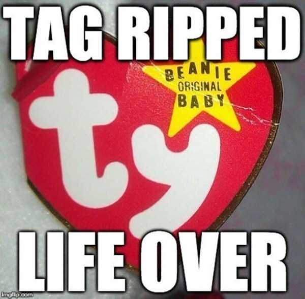 Meme about the horrors of possibly ripping the tag on your Beanie Baby back in the 90's