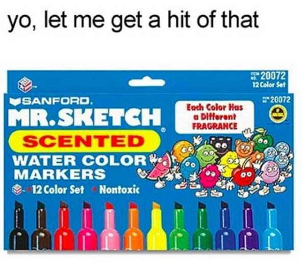 Meme making jokes about how people would sniff markers back in the 90's