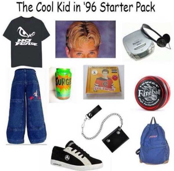 Meme of all the items the 'cool kids' had back in the 90's - baggy jeans, vans, diskman, t-shirt with NO FEAR, a wallet with metal chain, Surge Cola, and a few other things.