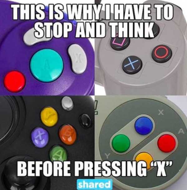 Meme about the confusion of where the X button is on video game controllers.