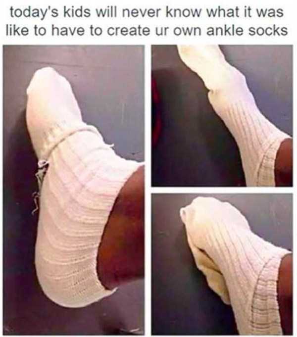 Meme about the struggle of having to configure your own ankle socks back in the 90's
