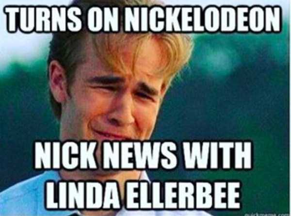 90's era meme about Nickelodeon news with Linda Ellerbee and a pic of Dawson's Creek crying