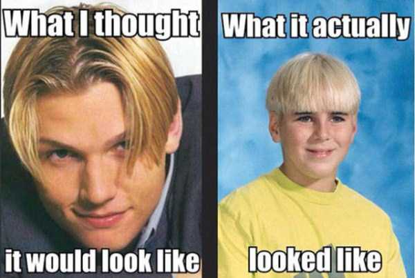 Meme about the 90's hairstyle and how you thought it looked VS how it really looked