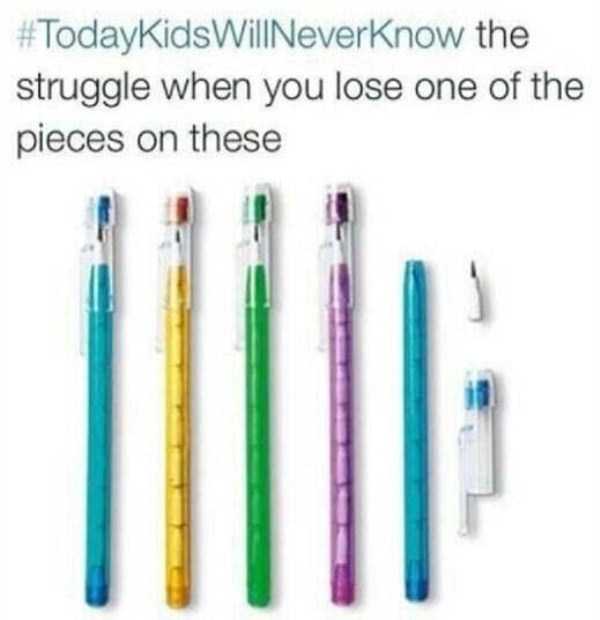 Meme about 90's era specialty pens that you did not want to loose piece of because it made the whole pen useless.