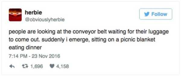 introvert tweets - herbie y people are looking at the conveyor belt waiting for their luggage to come out. suddenly i emerge, sitting on a picnic blanket eating dinner 47 1,696 4,158