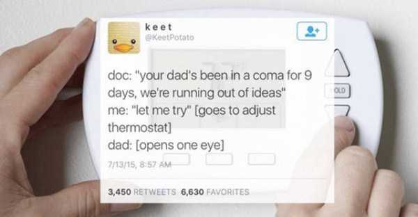 programmable thermostat - keet KeetPotato doc "your dad's been in a coma for 9 days, we're running out of ideas" me "let me try" goes to adjust thermostat dad opens one eye 71315, 3,450 6,630 Favorites