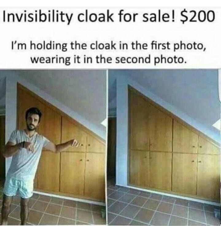 invisible cloak meme - Invisibility cloak for sale! $200 I'm holding the cloak in the first photo, wearing it in the second photo.