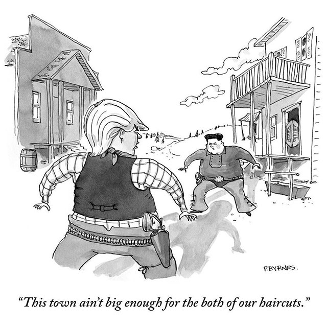 new yorker cartoon buddhism - C . Wton P.Byrnes. "This town ain't big enough for the both of our haircuts.