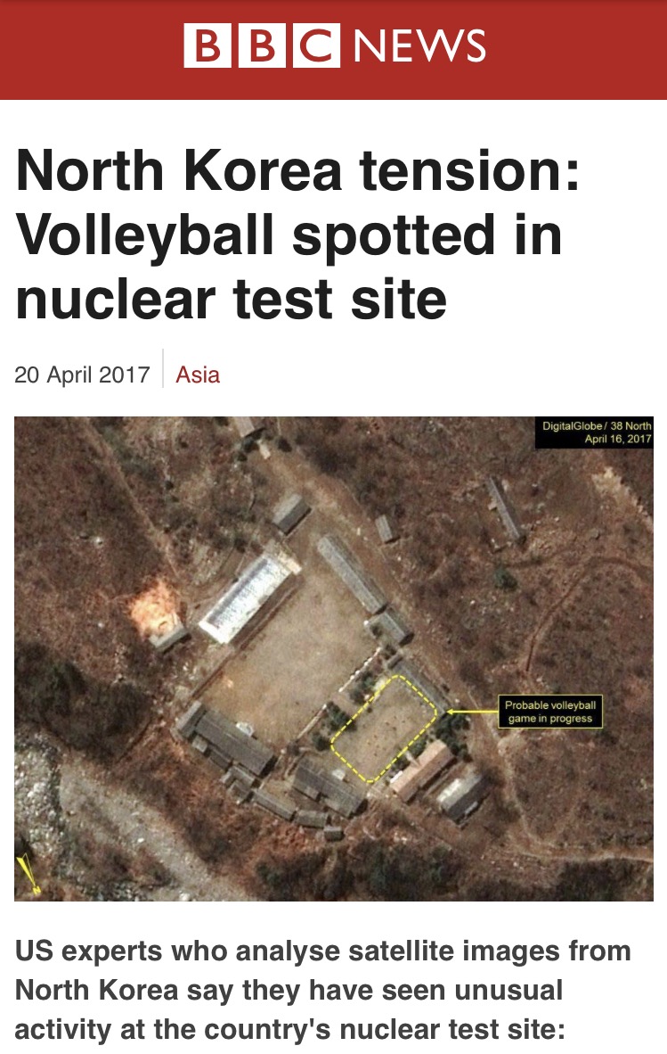 north korea volleyball - Bbc News North Korea tension Volleyball spotted in nuclear test site Asia DigitalGlobe38 North Probable volleyball game in progress Us experts who analyse satellite images from North Korea say they have seen unusual activity at th