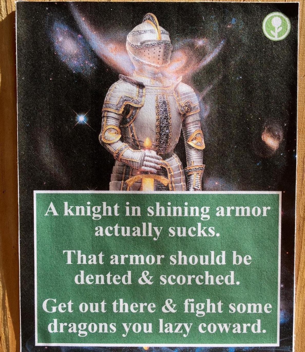 Melal One Agrin V Suese A knight in shining armor actually sucks. That armor should be dented & scorched. Get out there & fight some dragons you lazy coward.