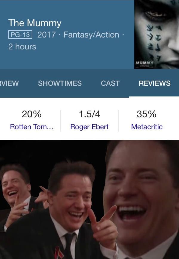 brendan fraser tom cruise meme - The Mummy Pg13 2017 FantasyAction 2 hours Rview Showtimes Cast Reviews 35% 20% Rotten Tom... 1.54 Roger Ebert Metacritic