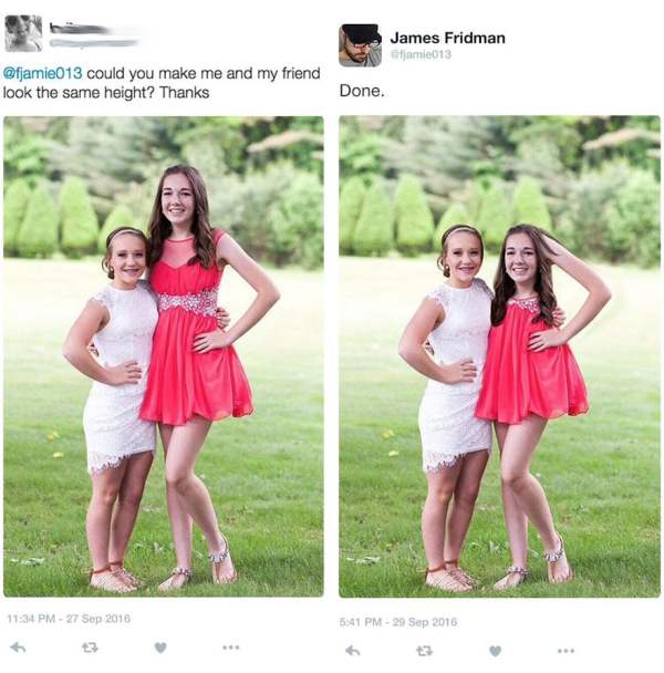 photoshop humour - James Fridman jamie013 could you make me and my friend look the same height? Thanks Done.