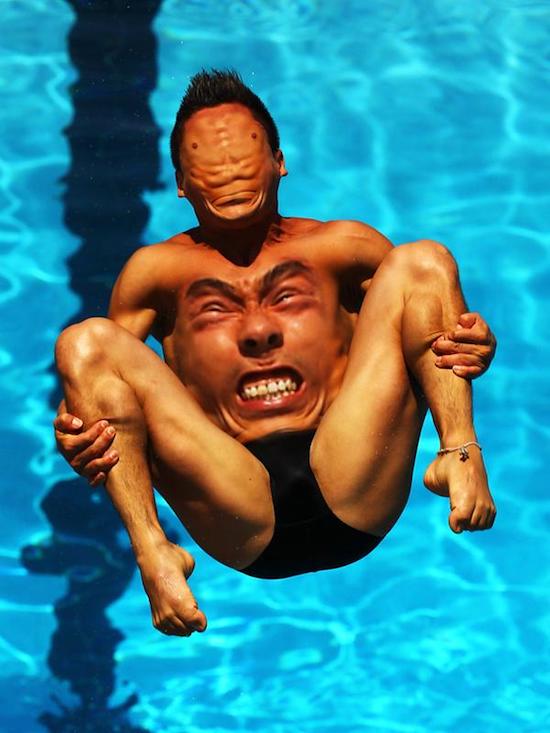 Diving doing his spin with face swap of his stomach and face