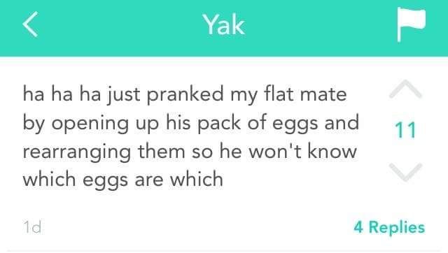 best of yik yak - Yak 11 ha ha ha just pranked my flat mate by opening up his pack of eggs and rearranging them so he won't know which eggs are which 1d 4 Replies