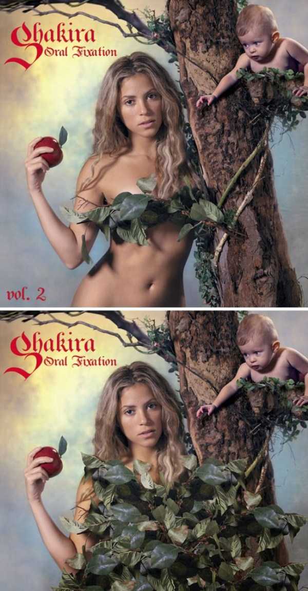 Shakira album in which she is covered up with many leaves in order to censor out her skin.
