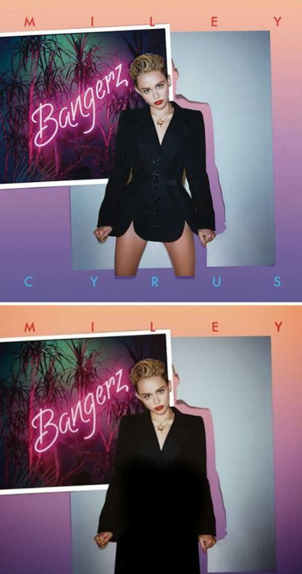 Miley Cyrus album cover in which she is wearing a long pant suit in order to get around censorship issues in Middle East.