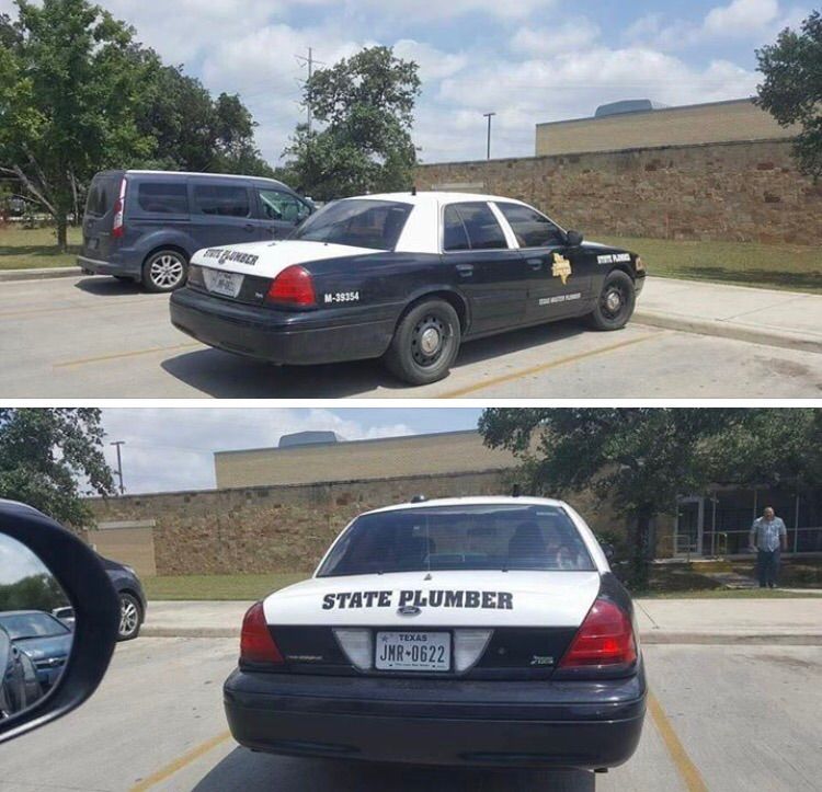 Pictures of what looks like a police car but upon closer inspection it says State Plumber