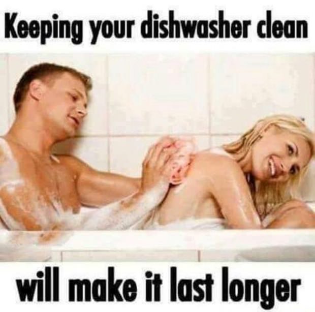 Man washing a woman in the bathtub captioned that you gotta clean the dishwasher to make it last longer.