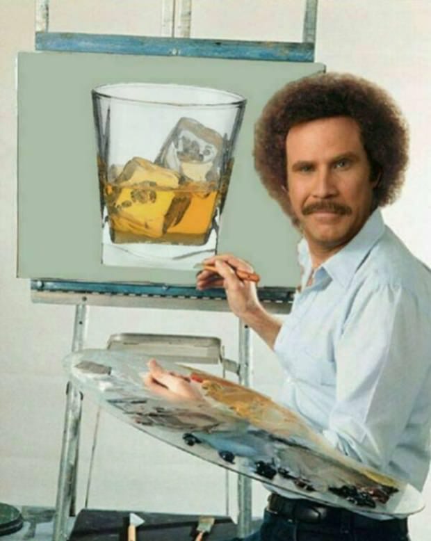 Funny picture of Rick Ross photoshopped with the face of Ron Burgundy who is Will Ferrell and he is drawing a glass of whiskey on the rocks instead of a landscape.