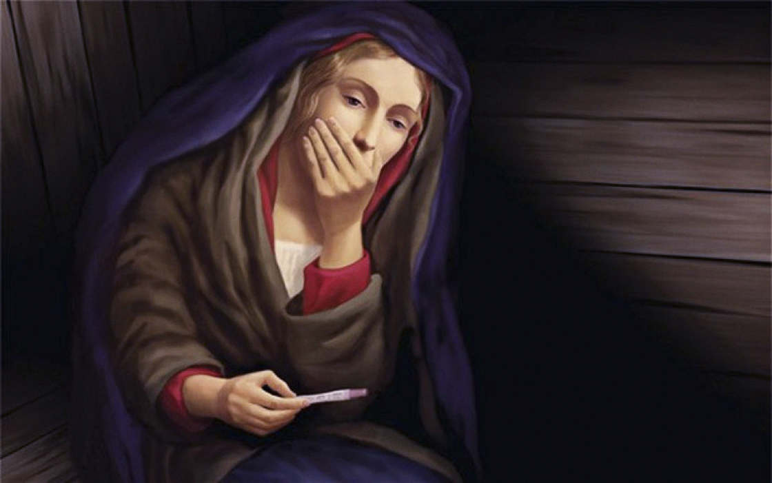 Funny classical painting of a woman gasping and holding a pregnancy test.