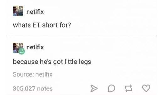 random pic prime number jokes - netlfix whats Et short for? p netlfix because he's got little legs Source netlfix 305,027 notes > D