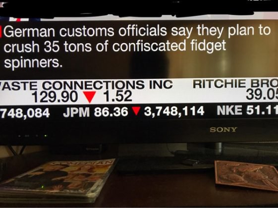 random pic signage - German customs officials say they plan to crush 35 tons of confiscated fidget spinners. Aste Connections Inc Ritchie Bro 129.90 1.52 39.05 748,084 Jpm 86.36 3,748,114 Nke 51.11 Sony