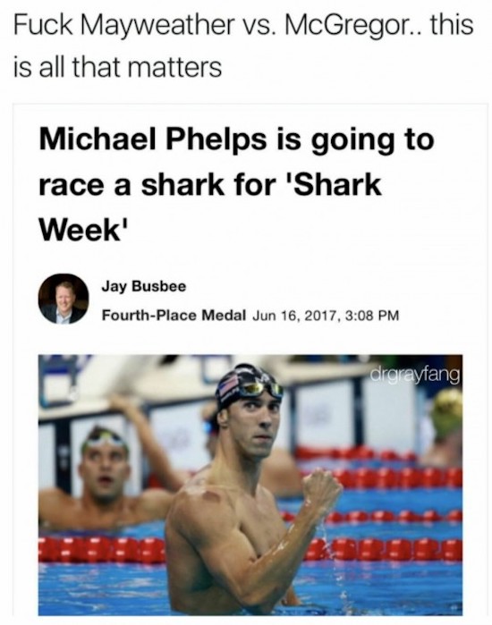 random pic mayweather vs phelps - Fuck Mayweather vs. McGregor.. this is all that matters Michael Phelps is going to race a shark for 'Shark Week' Jay Busbee FourthPlace Medal , drgrayfang