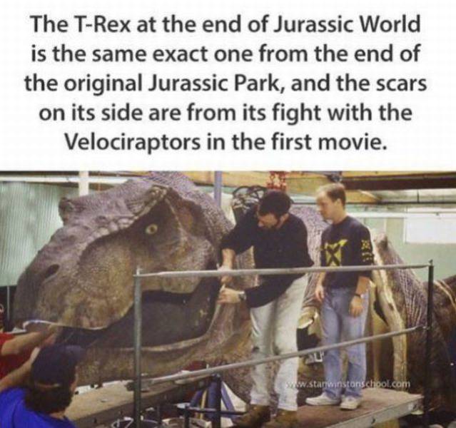 The TRex at the end of Jurassic World is the same exact one from the end of the original Jurassic Park, and the scars on its side are from its fight with the Velociraptors in the first movie.
