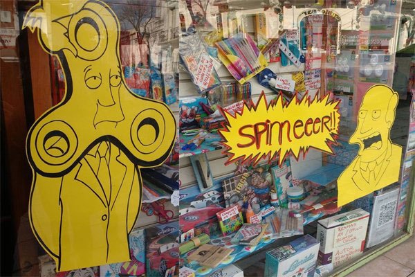 Simpsons meme of a store front in which Mr Burns yells SPINNER and he is a fidget spinner across the display window.