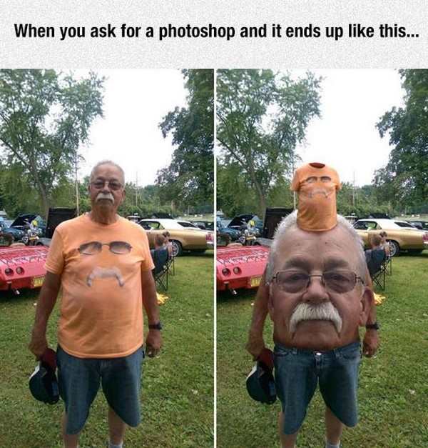 Dude photoshopped with his head on his shirt and his shirt on his head.