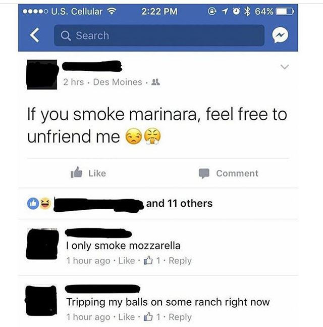 Facebook post of someone saying to unfriend them if you smoke marinara