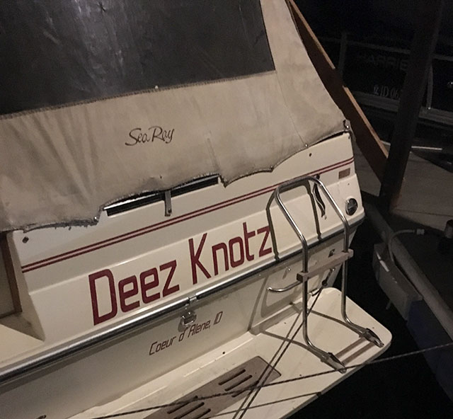 Boat that is named Deez Knotz