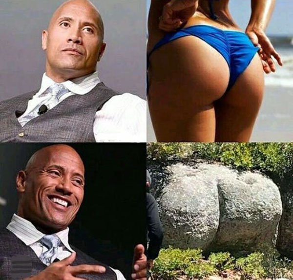The Rock all non-challant about a regular girl's butt, but all smiling on a crack in the rock