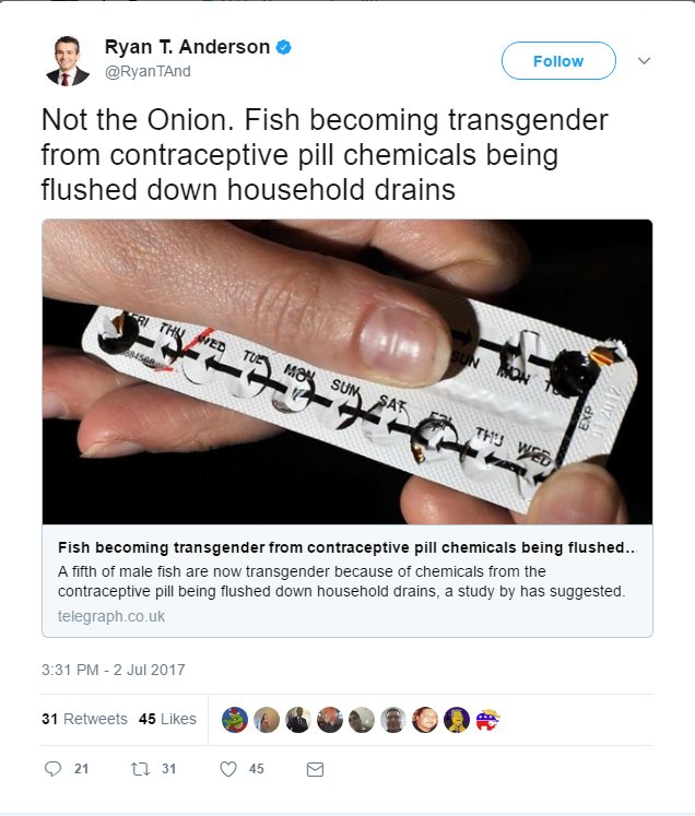 frog transgender pills - Ryan Ryan T. Anderson TAnd 6 Not the Onion. Fish becoming transgender from contraceptive pill chemicals being flushed down household drains Moa Fish becoming transgender from contraceptive pill chemicals being flushed... A fifth o