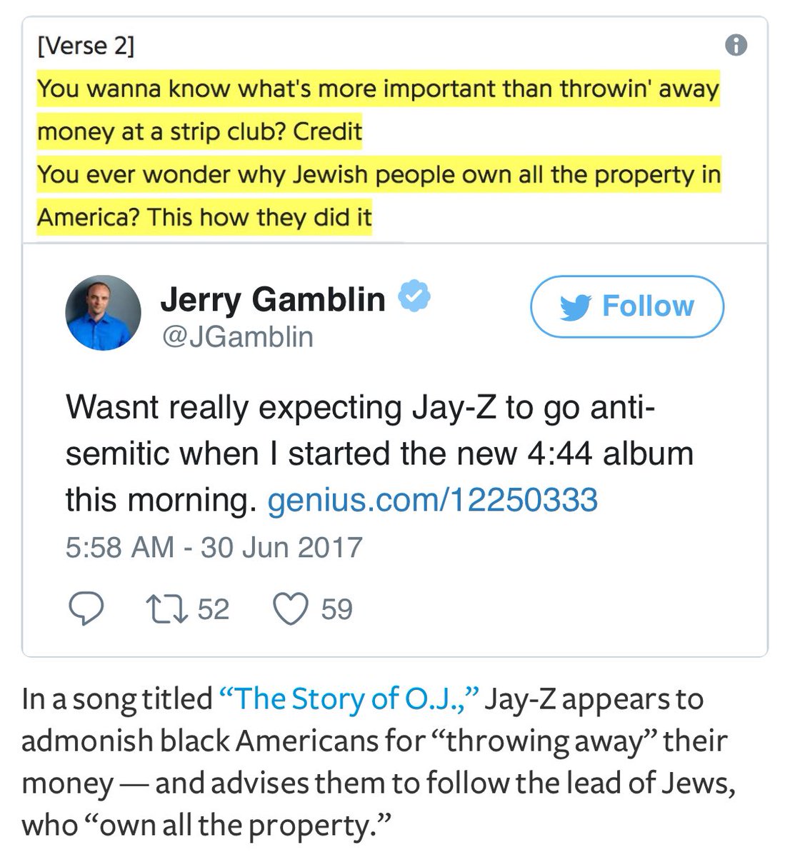 web page - Verse 2 You wanna know what's more important than throwin' away money at a strip club? Credit You ever wonder why Jewish people own all the property in America? This how they did it Jerry Gamblin Wasnt really expecting JayZ to go anti semitic w