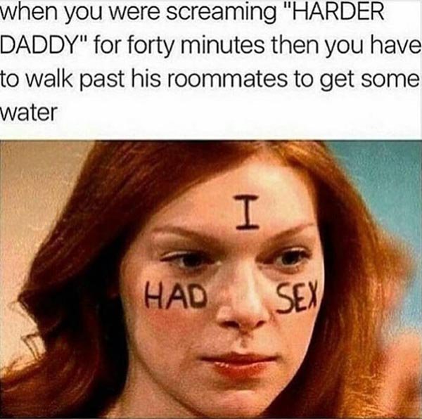 had sex meme - when you were screaming "Harder Daddy" for forty minutes then you have to walk past his roommates to get some water Had Sex