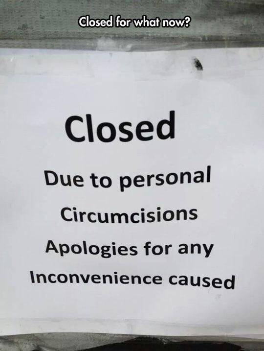 Sign of a store close to personal circumcisions legendary typo