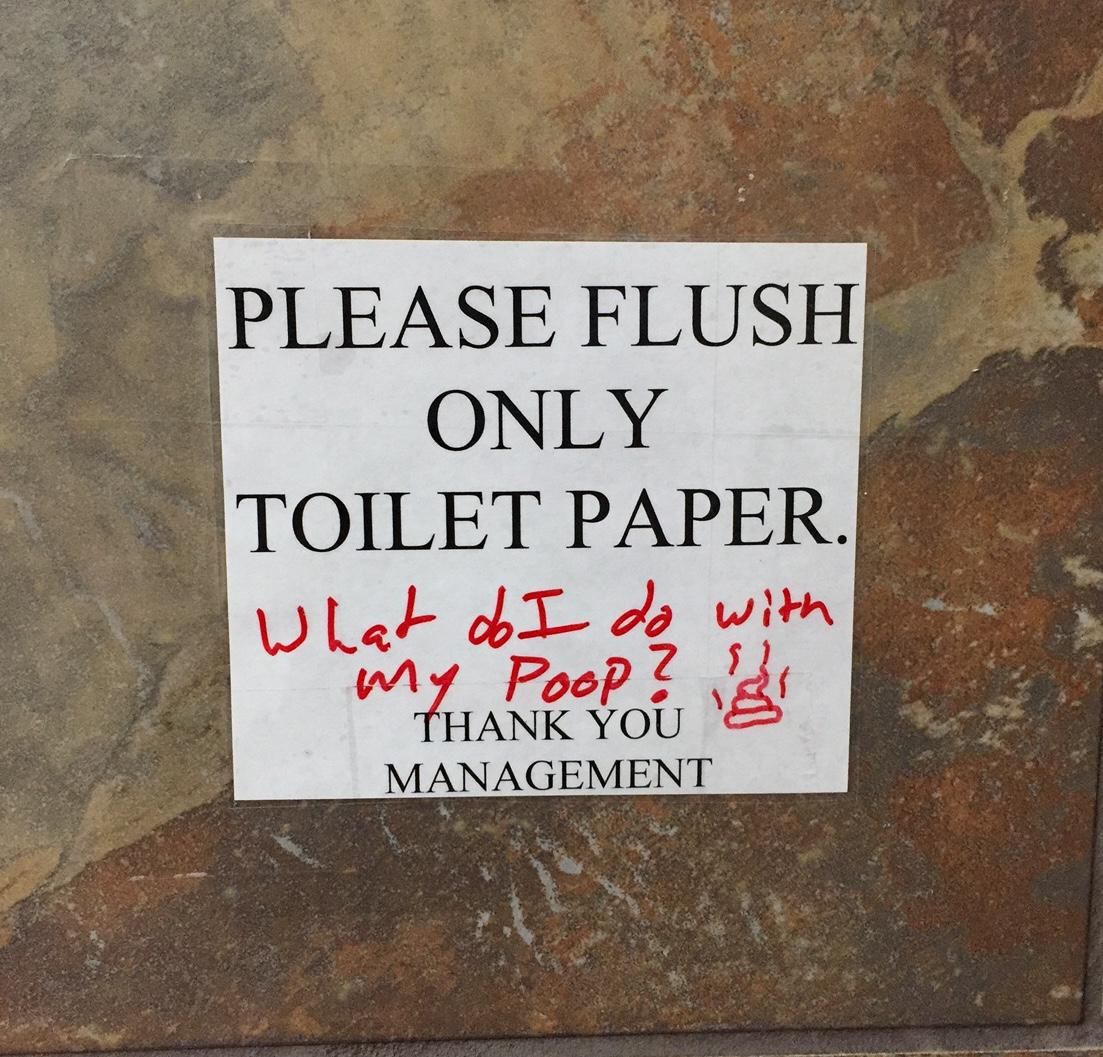 Sign asking that you only flush toilet paper and someone asked on it with a sharpie as to where to place the poop?