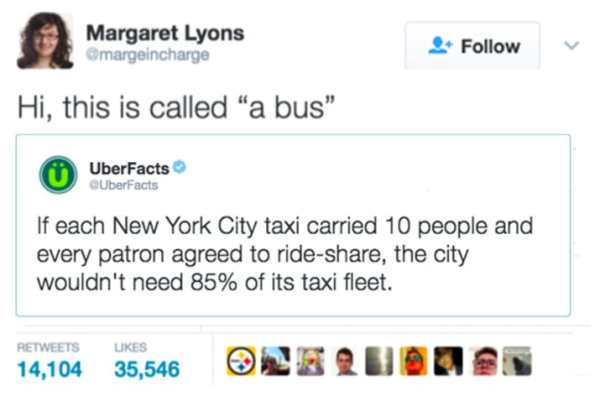 Tweet of Uberfacts suggesting bigger cabs to carry more ride sharing people and Margaret Lyons corrects them that it is called a bus.